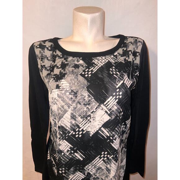 PHILOSOPHY Top Women's Size M Gray Black Print Polyester Blouse w/Knit Sleeves - Picture 2 of 6